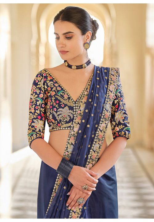 Buy Stunning Wear Navy Blue Color Nylon Silk Dying Material Rich Pallu Saree  Blouse Design Online | Lehenga-Saree