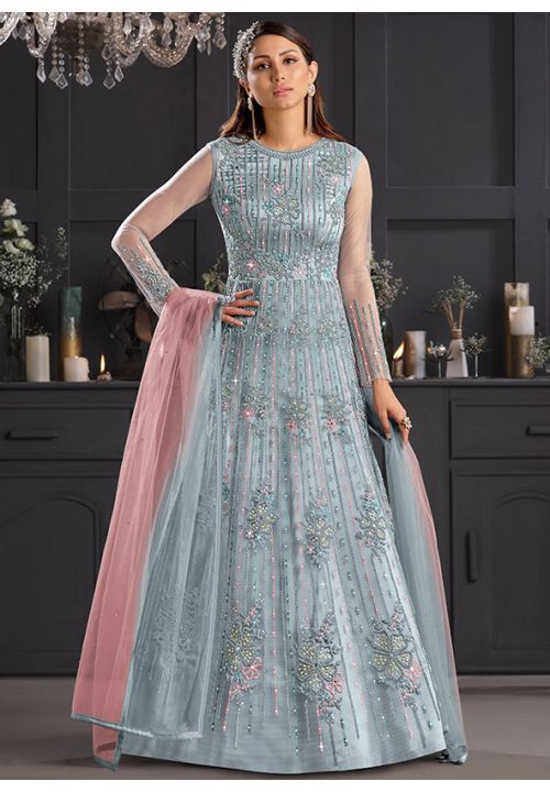 Net Grey Net Wedding Party Long Anarkali Gown Suit SFSWG6707 - ShreeFashionWear  