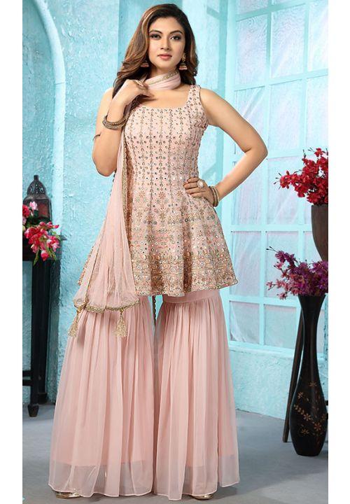 Pastel Peach Georgette Designer Gharara Salwar Suit Mirror Work SKN58812R - ShreeFashionWear  