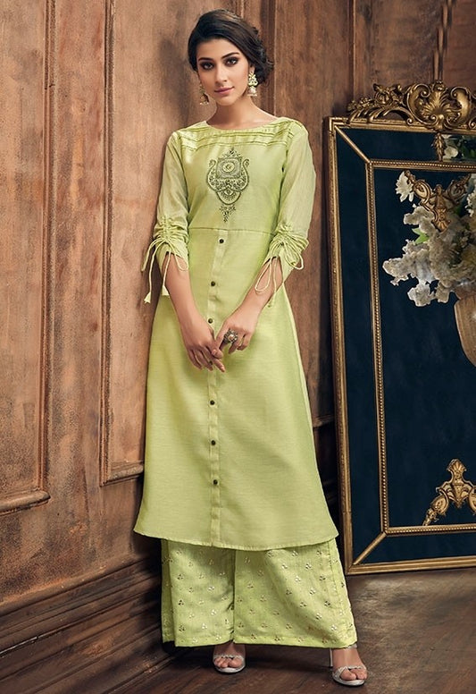 Pastel Green Color Silk Fabric Palazzo Suit SY25498 - ShreeFashionWear  