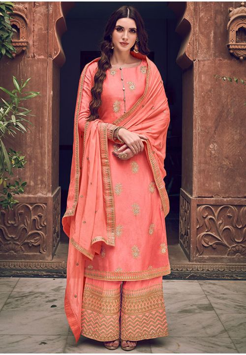 Peach Indian Pakistani Satin Suit Wedding Palazzo Suit  SFSTL11211 - ShreeFashionWear  