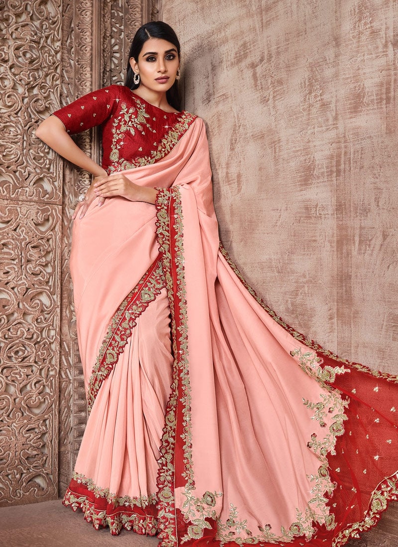 Peach Net Satin Wedding Party Designer Saree FZ101505 - ShreeFashionWear  