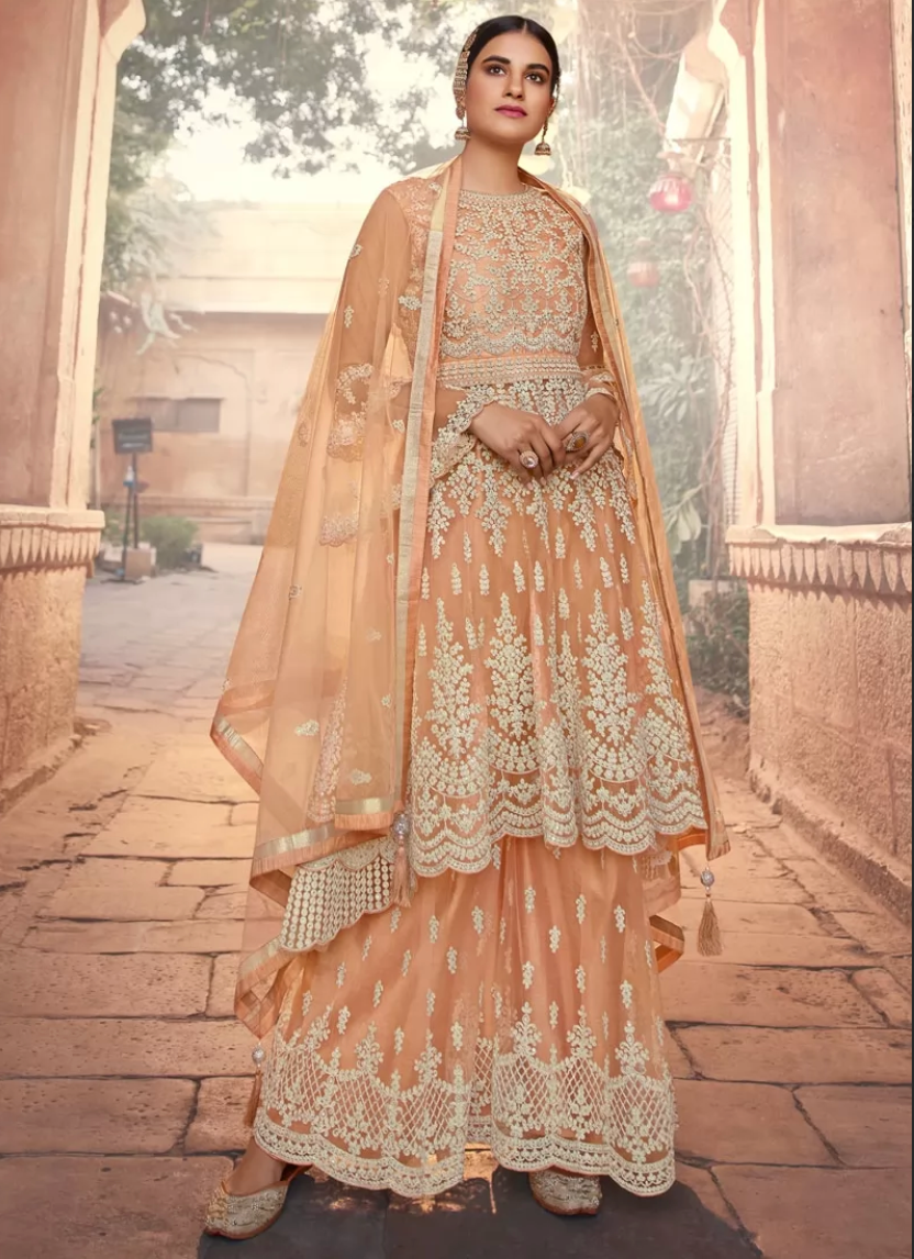 Peach Palazzo Net Indian Pakistani Bridal Palazzo Suit SFZ110987 - ShreeFashionWear  