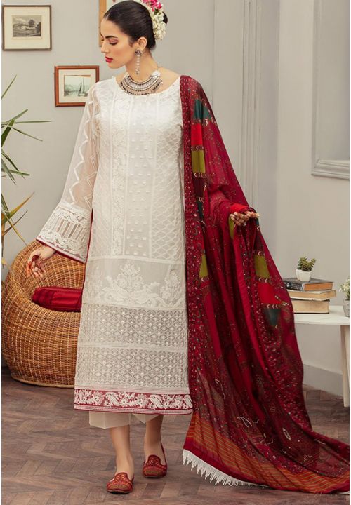Pearl White Palazzo Pant Suit In Georgette Hand Work SFROY304400 - ShreeFashionWear  