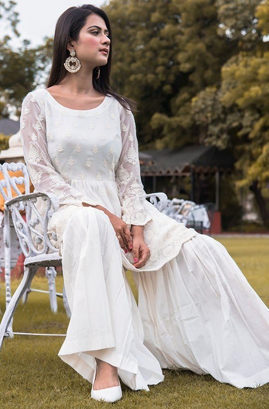 Pearl White Cotton Fabric Sharara Suit SY9863 - ShreeFashionWear  