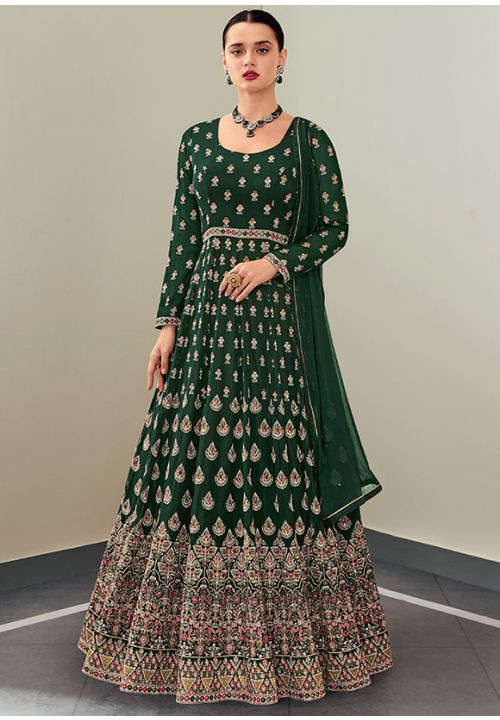 Pine Green Wedding Georgette Anarkali Gown EXYS68003 - ShreeFashionWear  