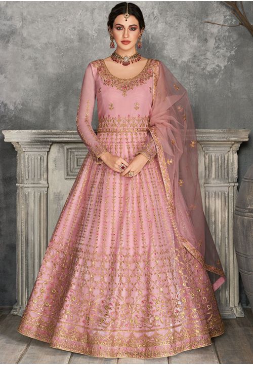 Pink Bridal Anarkali Gown In Net Lucknowi Work SFYS62204 - ShreeFashionWear  