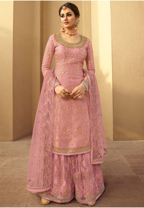 Pink Embroidered Jacquard Wedding Palazzo Kameez EXSA266804 - ShreeFashionWear  