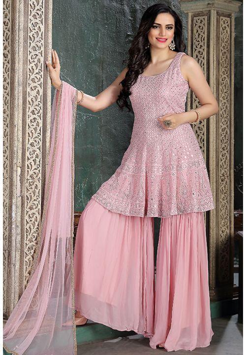Pink Georgette Designer Gharara Salwar Suit Mirror Work SKN58804R - ShreeFashionWear  