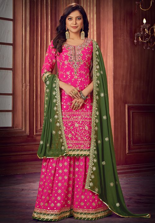 Pink Green Heavy Bridal Wedding Palazzo Suits In Georgette SRYS79306 - ShreeFashionWear  