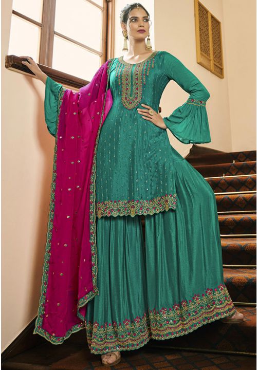 Pink Green  Indian Pakistani Wedding Silk Palazzo Suit SWYS77402 - ShreeFashionWear  