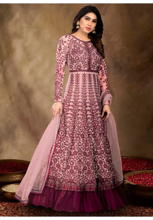 Pink Long Anarkali Suit In Net Swarovski Work SRSA317002 - ShreeFashionWear  