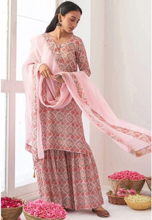 Pink Readymade Palazzo Sharara Suit In Muslin SFANB62503R
