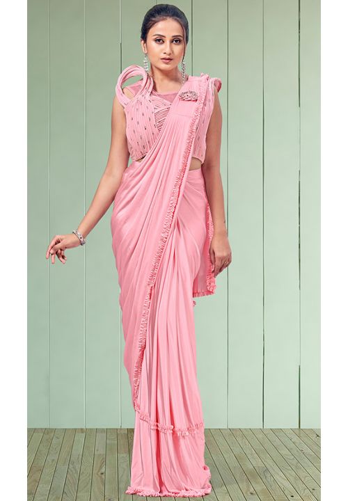 Pink Soft Lycra Ready To Wear Indian Saree  SREXO31402 - ShreeFashionWear  