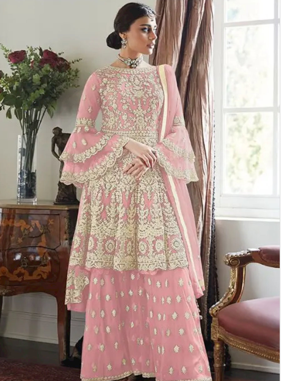 Pink Wedding Palazzo Suit In Net Heavy Embroidery Work SFYS50104G - ShreeFashionWear  
