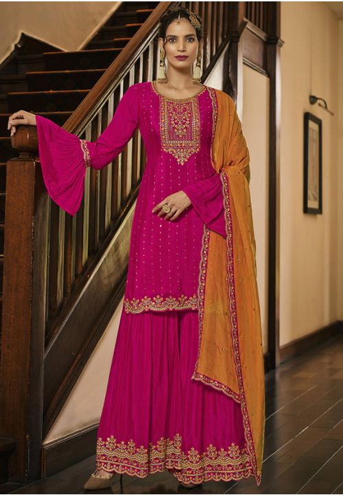 Pink Yellow  Indian Pakistani Wedding Silk Palazzo Suit SWYS77401 - ShreeFashionWear  