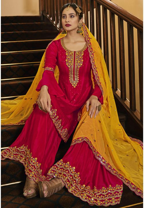 Pink Yellow Indian Pakistani Wedding Silk Palazzo Suit SWYS77404 - ShreeFashionWear  