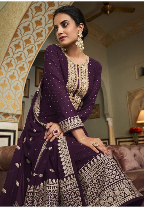 Plum Purple  Palazzo Suits In Georgette Sequin Work SRSA316801 - ShreeFashionWear  