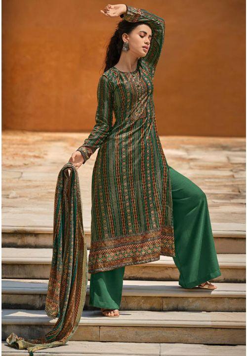 Plus Size Green Velvet Indian Palazzo Suit Digital Print YDS4044 - ShreeFashionWear  