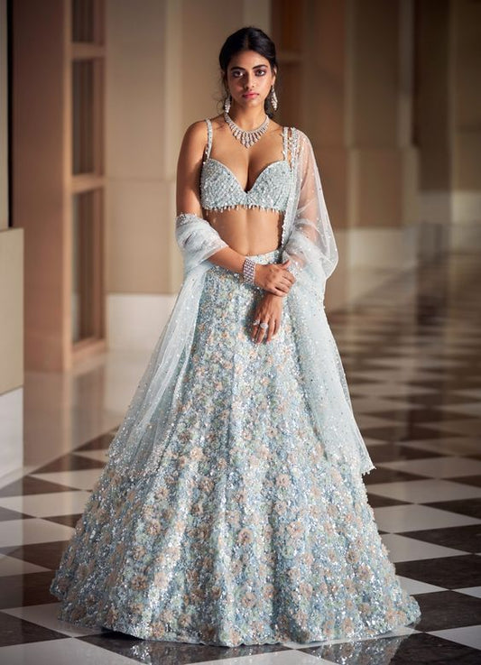 Powder Blue Bridal Reception Cocktail Lehenga Set In Net SIYAINS422 - ShreeFashionWear  