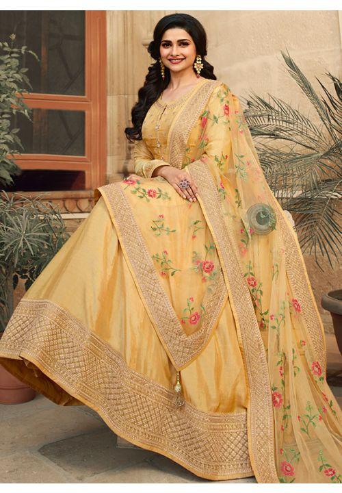 Prachi Desai Beige Wedding Gown In Dola Silk EXSA266906 - ShreeFashionWear  