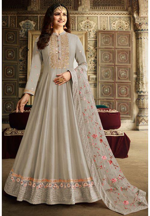Prachi Desai Grey Wedding Gown In Dola Silk EXSA202603B - ShreeFashionWear  