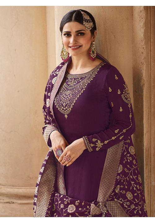 Prachi Desai Purple Palazzo Suit Salwar Kameez Soft Silk SFSA281703P - ShreeFashionWear  