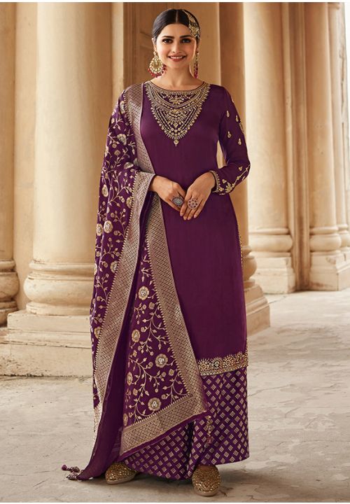 Prachi Desai Purple Palazzo Suit Salwar Kameez Soft Silk SFSA281703P - ShreeFashionWear  