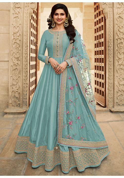 Prachi Desai Turquoise Wedding Gown In Dola Silk EXSA266904 - ShreeFashionWear  