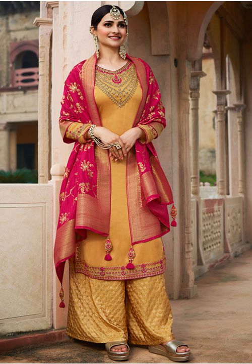Prachi Desai Yellow Palazzo Suit Salwar Kameez Soft Silk SFSA281704P - ShreeFashionWear  
