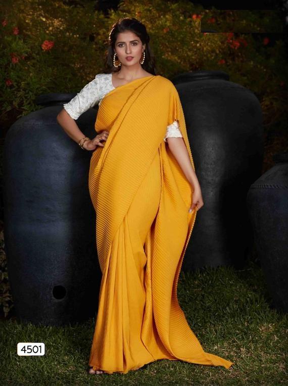 Preet Rakish Orange Designer Pleated Saree SFCAM570 - ShreeFashionWear  