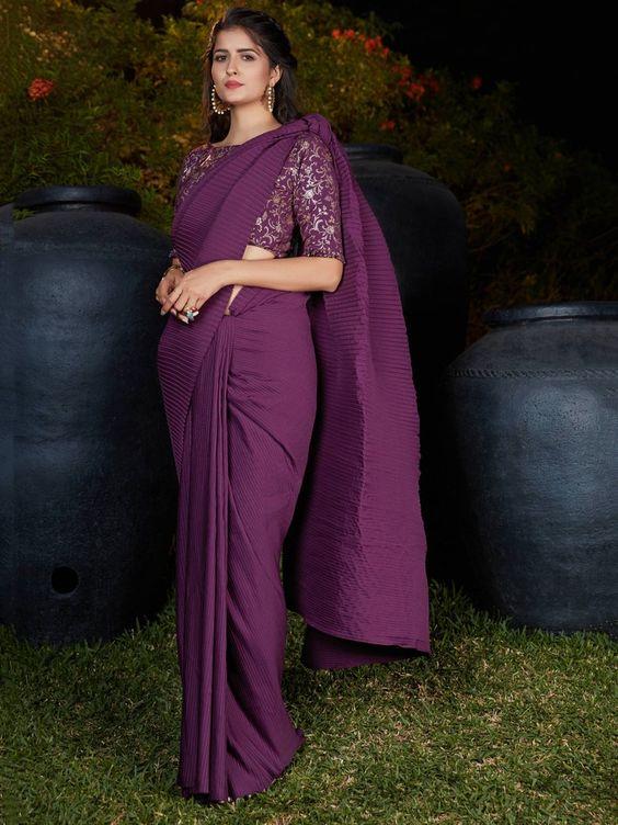Preet Rakish Purple Designer Pleated Saree SFCAM569 - ShreeFashionWear  