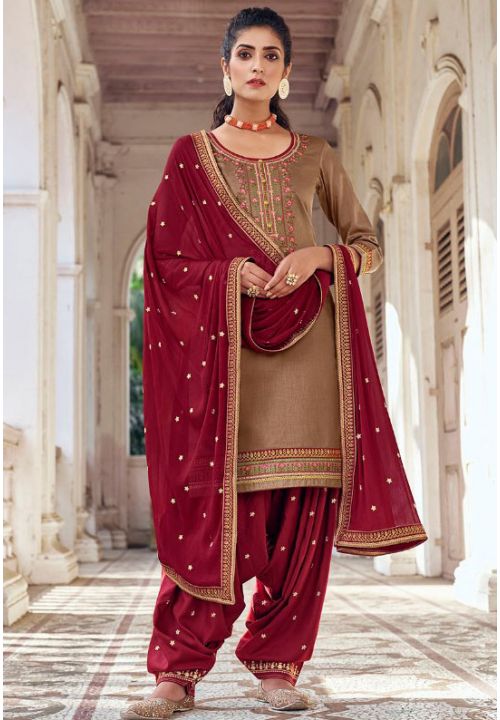Punjabi Plus size Brown Patiala Suit Cotton Silk ROY291301 - ShreeFashionWear  