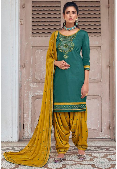 Punjabi Plus size Green Patiala Suit Cotton Silk ROY291303 - ShreeFashionWear  