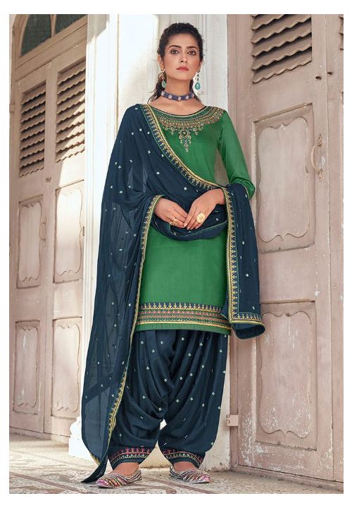 Punjabi Plus size Green Patiala Suit Cotton Silk ROY291306 - ShreeFashionWear  