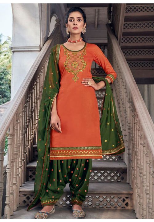 Punjabi Plus size Orange Patiala Suit Cotton Silk ROY291305 - ShreeFashionWear  