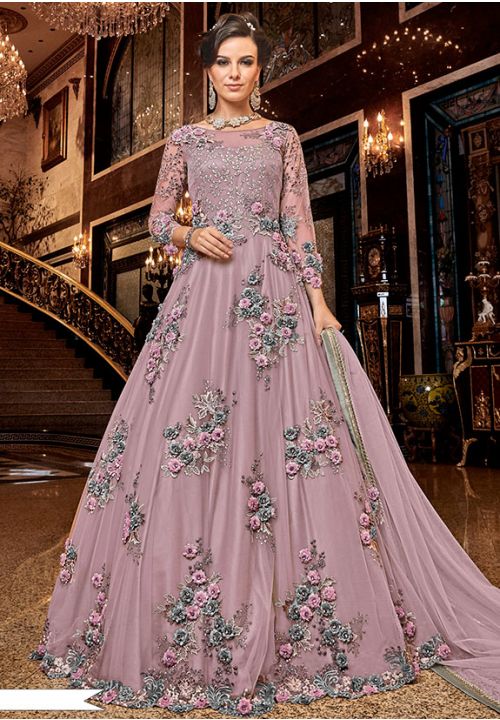 Purple Bridal Anarkali Gown In Net SFSWG5702AA - ShreeFashionWear  