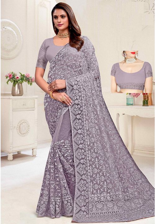 Purple Bridal Indian Designer Net Fabric Saree SRPBT20505 - ShreeFashionWear  