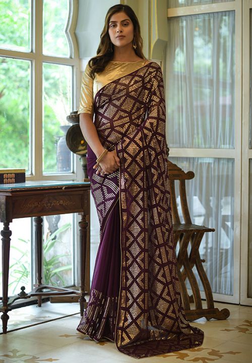 Purple Gold Indian Wedding Sequin Georgette Saree SRPRF176404