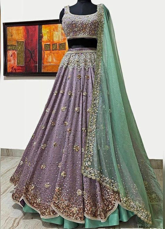Purple Green Wedding Lehenga Sof Crepe Fabric With Pearl SINS0998 - ShreeFashionWear  
