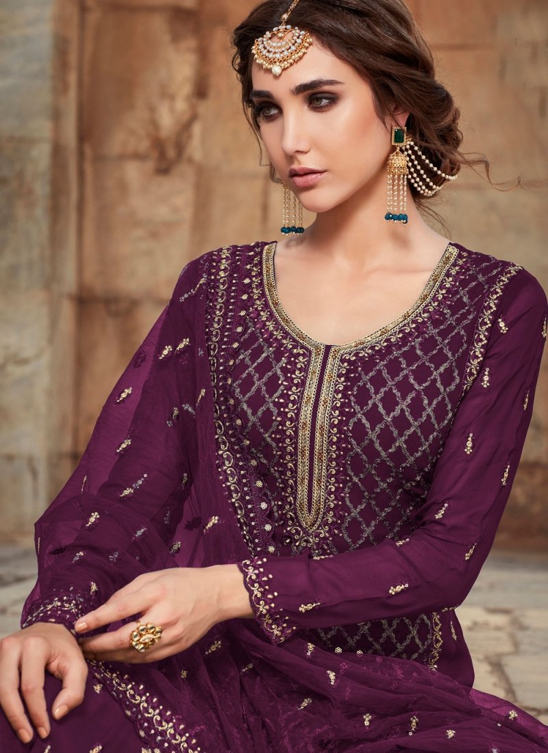 Purple Sangeet Embroidery Palazzo Suit Small - 3XL EXSAG907 - ShreeFashionWear  