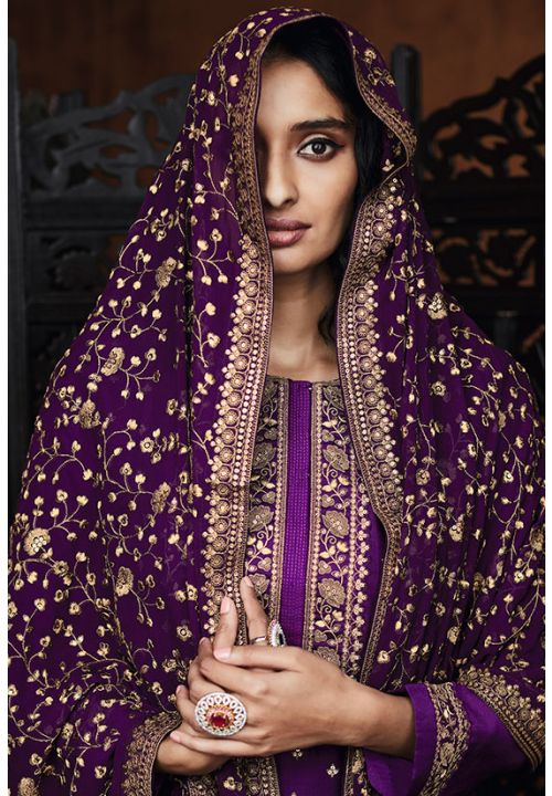 Purple Sangeet Silk Palazzo Suit Hand Embroidery Work SFYS65702 - ShreeFashionWear  