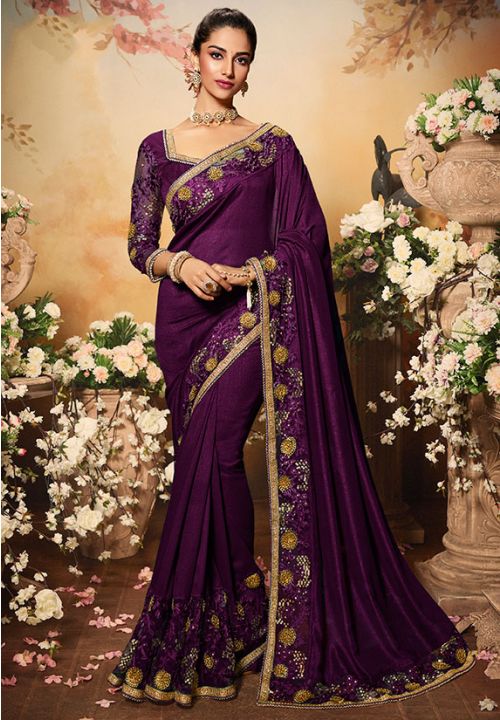 Purple Wedding Evening Sangeet Silk Saree SHRSK12105F - ShreeFashionWear  