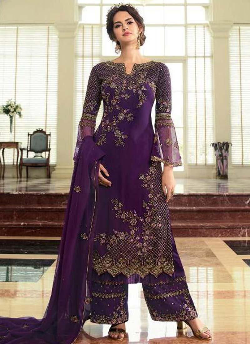 Purple Wedding Party Palazzo Suit Satin Georgette SFFZ81510 - ShreeFashionWear  