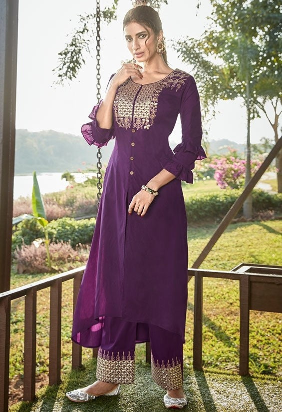 Purple Ready Made Silk Kurti Palazzo Suit 00914 - ShreeFashionWear  