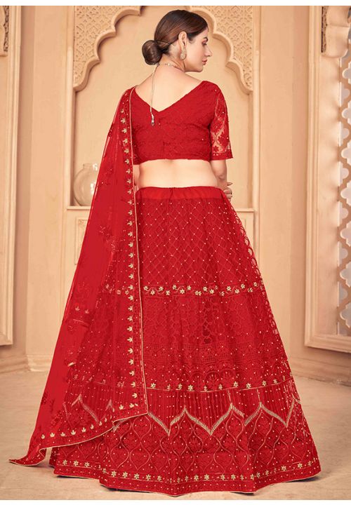 Buy Indian Red Pure Velvet Lehenga Choli With Zarkan, Dori, Zari, Thread,  Beads Prints