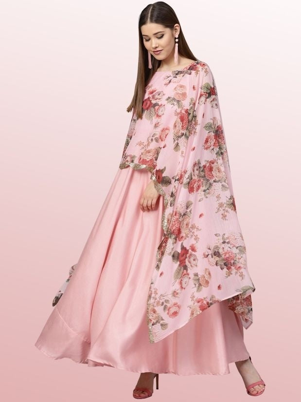 Readymade Cape Pink Gown In Crepe Chiffon YD70 - ShreeFashionWear  