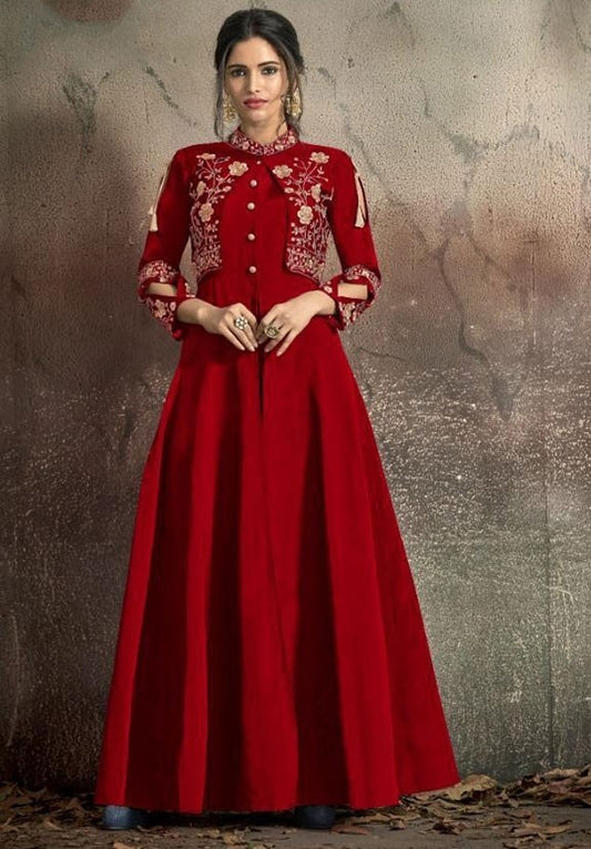 Readymade Red Silk Salwar Suit Gown SHREE3005 - ShreeFashionWear  