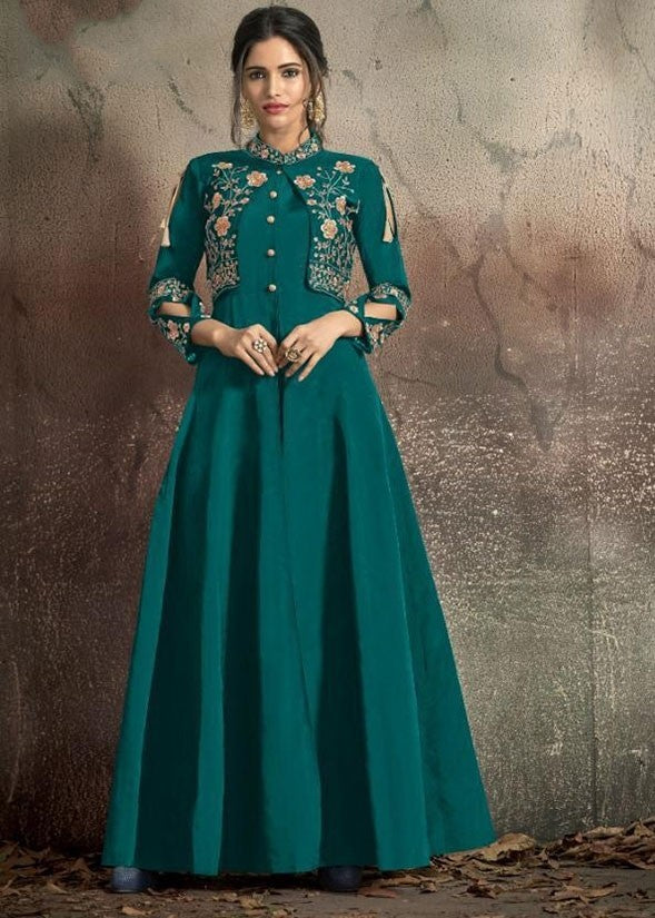 Readymade Teal Green Silk Salwar Suit Gown SHREE3003 - ShreeFashionWear  
