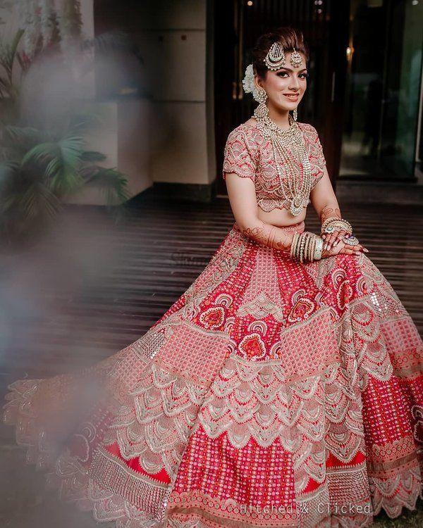 Bridal Lehengas - Coral Wedding Lehenga with Double Net Peach and Geen  Dupatta | WedMeGood #wedmegood #in… | Bridal lehenga red, Pink bridal  lehenga, Indian bridal